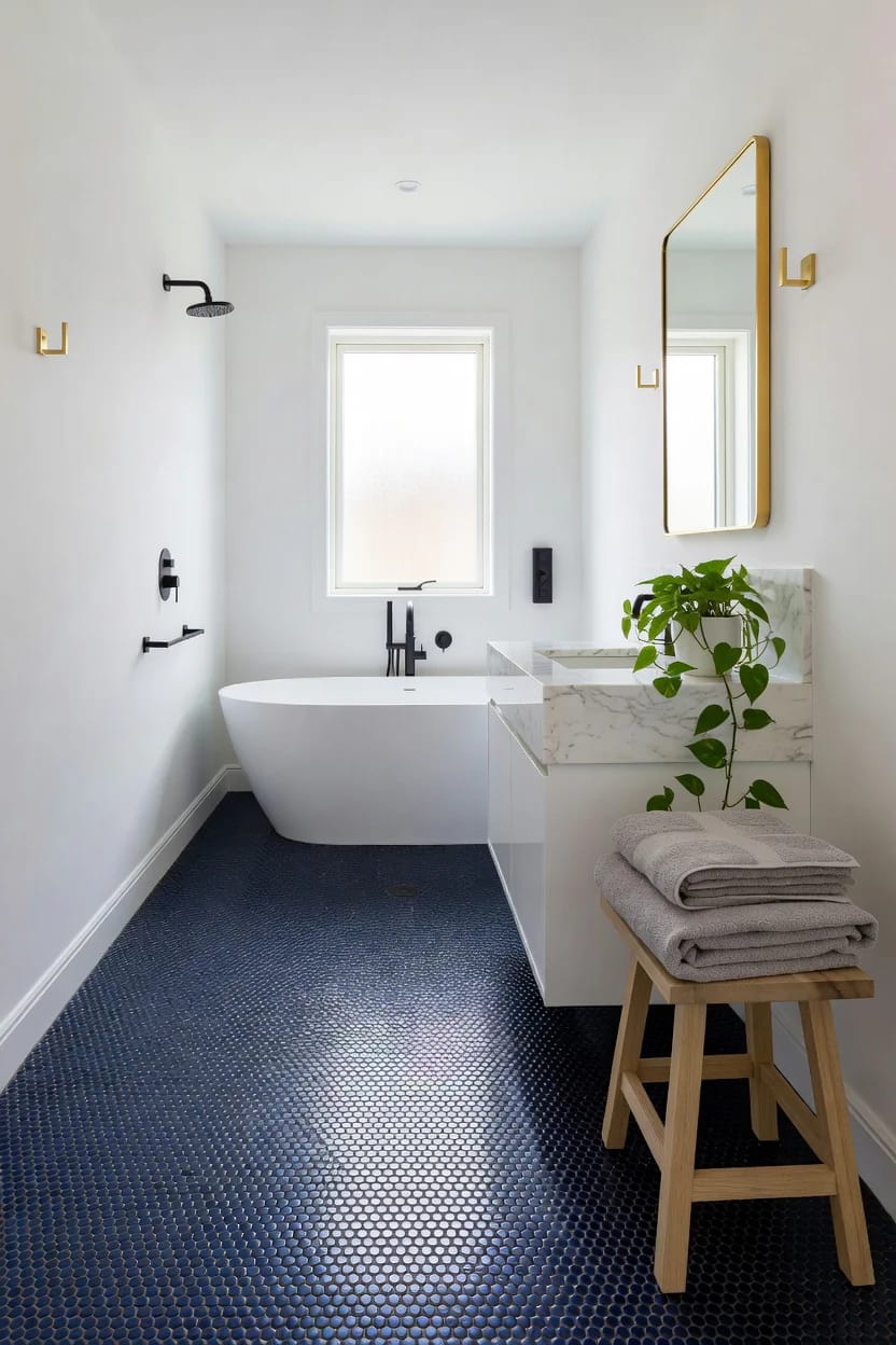 Navy Blue Bathroom Ideas, and Where the Navy Should Actually Go 16 Modern bathroom featuring navy blue penny tile floors with dark grout, a white freestanding bathtub, marble countertop, gold-framed mirror, and a wooden stool with folded towels, illustrating navy blue bathroom ideas.