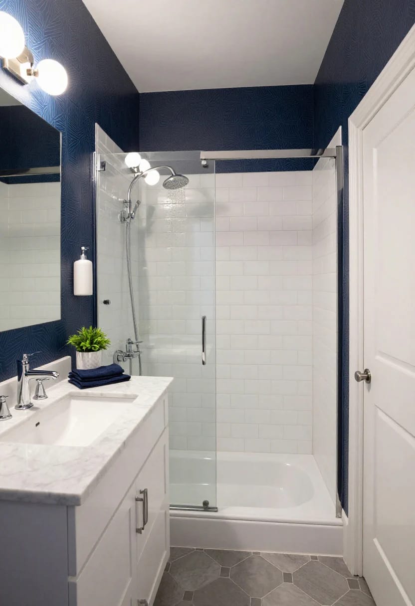 navy wallpaper belongs in the powder room, not the shower bath 1