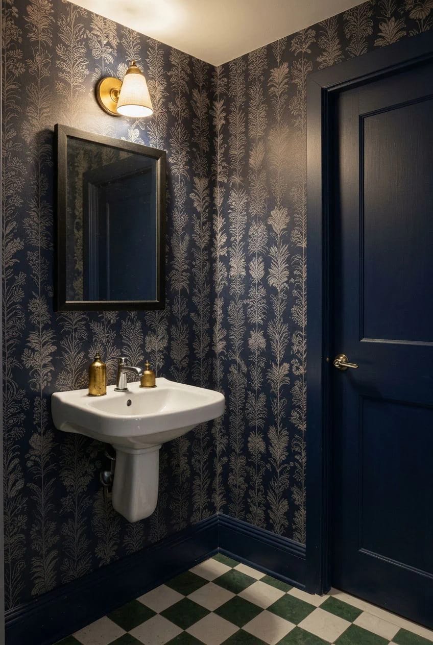 navy wallpaper belongs in the powder room, not the shower bath 1