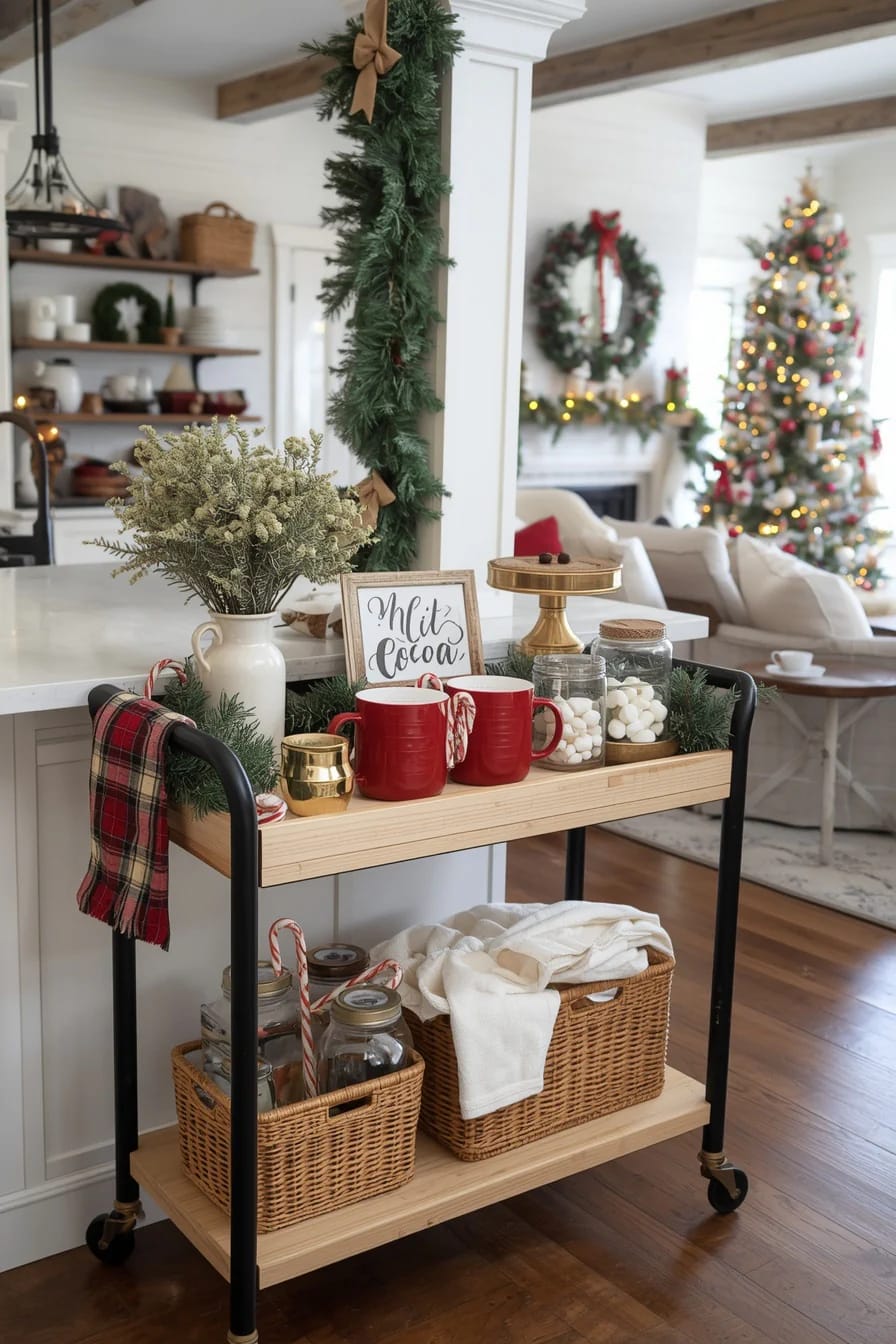 Christmas Hot Cocoa Bar Decor With Santa Mugs: 7 Setups That Stay Usable All December 7 A rolling wooden cart holds a Christmas hot cocoa bar with two red mugs, marshmallow jars, candy canes, a cocoa sign, greenery, and storage baskets, with a decorated Christmas tree and wreath in the background