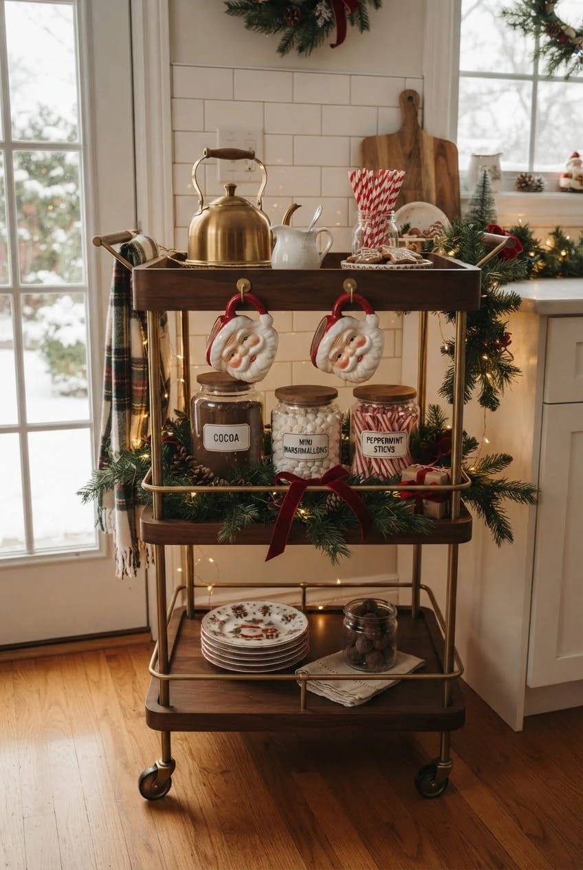 Christmas Hot Cocoa Bar Decor With Santa Mugs: 7 Setups That Stay Usable All December 8 Rolling Christmas hot cocoa bar cart with Santa mugs, labeled cocoa, mini marshmallows, peppermint sticks, a brass kettle, plates, greenery, and festive lights