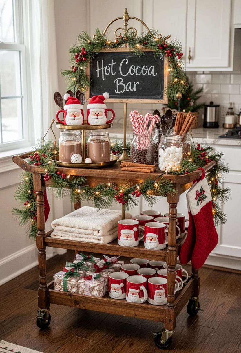 Christmas Hot Cocoa Bar Decor With Santa Mugs: 7 Setups That Stay Usable All December 9 A wooden rolling cart decorated with evergreen garland, berries, and lights holds a Hot Cocoa Bar chalkboard, Santa mugs, cocoa jars, marshmallows, candy canes, chocolate chips, cinnamon sticks, spoons, towels, and red stockings.