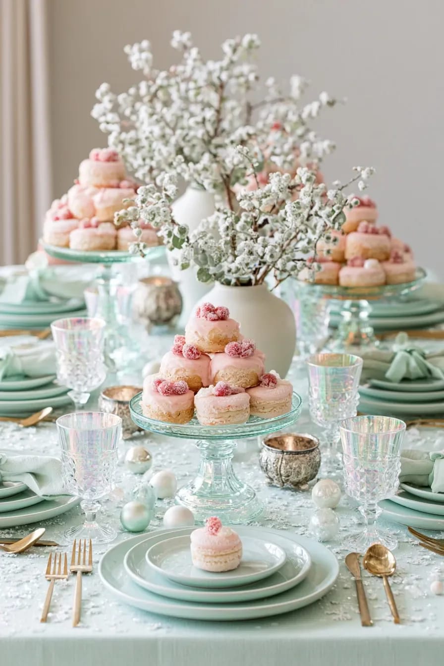 Pastel Pink and Mint Christmas Decorations That Still Look Like Christmas 22 Elegant Christmas table setting featuring pastel pink and mint decorations, with frosted white floral arrangements, pink frosted pastries on glass cake stands, mint green plates, gold cutlery, iridescent glasses, and pastel ornaments, reflecting a festive holiday theme off the tree.