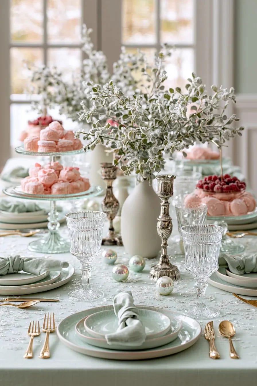 Pastel Pink and Mint Christmas Decorations That Still Look Like Christmas 24 Elegant holiday table setting featuring pastel pink and mint Christmas decorations, including frosted greenery in white vases, pink desserts on glass stands, mint napkins and plates, and delicate ornaments, creating a festive atmosphere off the tree.