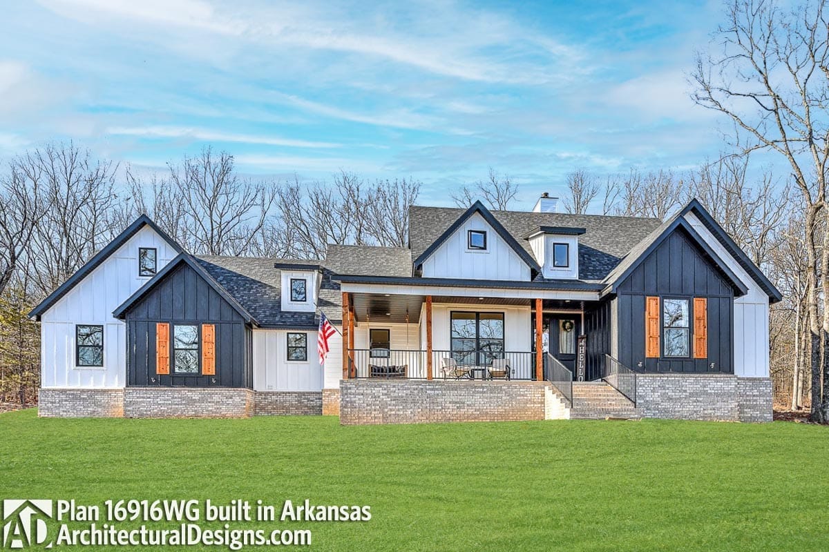 3-Bedroom New American Farmhouse House Plan with an L-Shaped Front Porch (1,988 Sq. Ft. Floor Plan) 13 one elevation, four builds, four different skins 1