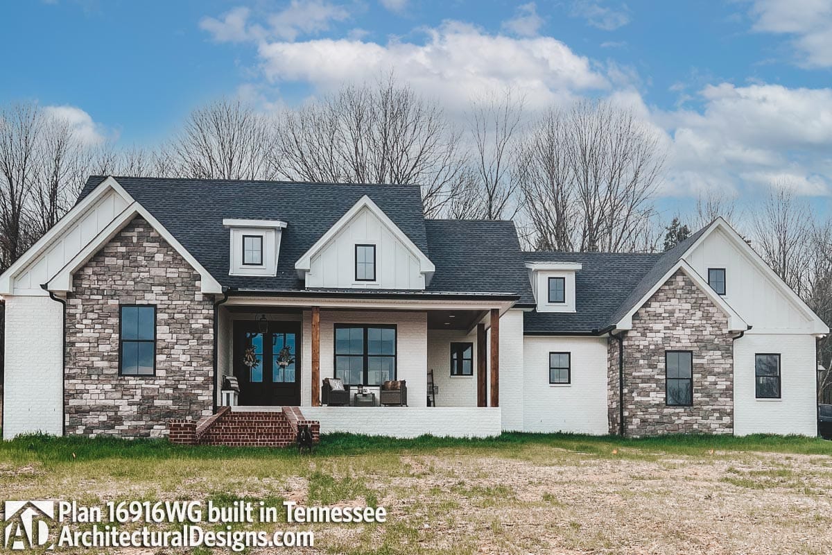 3-Bedroom New American Farmhouse House Plan with an L-Shaped Front Porch (1,988 Sq. Ft. Floor Plan) 14 one elevation, four builds, four different skins 1
