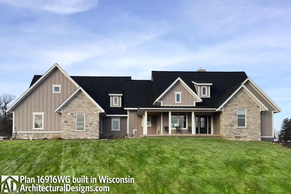 3-Bedroom New American Farmhouse House Plan with an L-Shaped Front Porch (1,988 Sq. Ft. Floor Plan) 15 one elevation, four builds, four different skins 1