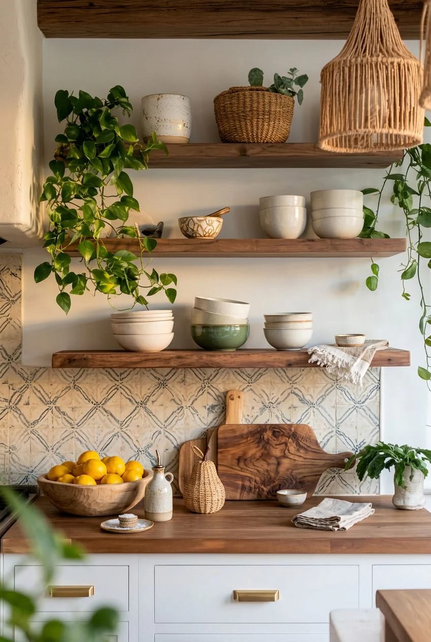 Boho Kitchen Ideas That Hold Up to Actual Cooking 12 one open shelf beats a wall of them 1