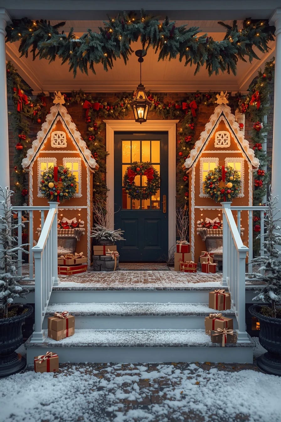 Outdoor Faux Gingerbread House Village Display Snow-covered porch decorated as an outdoor faux gingerbread house village, with two illuminated gingerbread-style facades, evergreen garlands, wreaths, red bows, hanging greenery, and wrapped gifts on the steps.