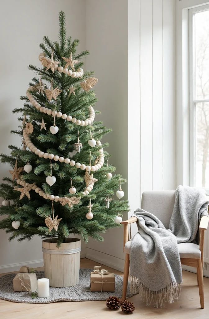 Scandinavian Christmas Decor With Pale Wood and Straw Ornaments That Reads Nordic, Not Rustic 13 pale wood beads instead of tinsel or ribbon garland 1