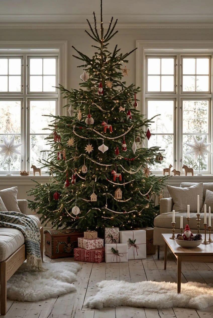 Scandinavian Christmas Decor With Pale Wood and Straw Ornaments That Reads Nordic, Not Rustic 14 pale wood beads instead of tinsel or ribbon garland 1