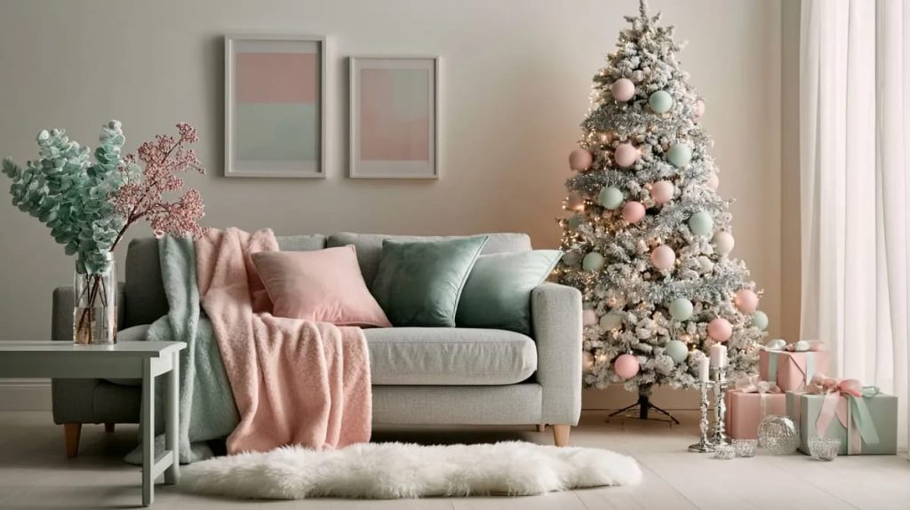 Living room decorated for Christmas with a white tree adorned in pastel pink and mint ornaments, matching wrapped gifts, a grey sofa with pink and mint cushions and blanket, and pastel floral arrangements, illustrating pastel pink and mint Christmas decorations.