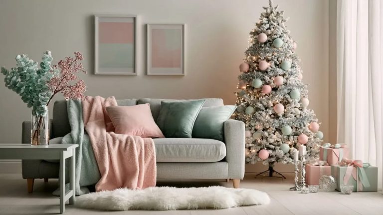 Living room decorated for Christmas with a white tree adorned in pastel pink and mint ornaments, matching wrapped gifts, a grey sofa with pink and mint cushions and blanket, and pastel floral arrangements, illustrating pastel pink and mint Christmas decorations.
