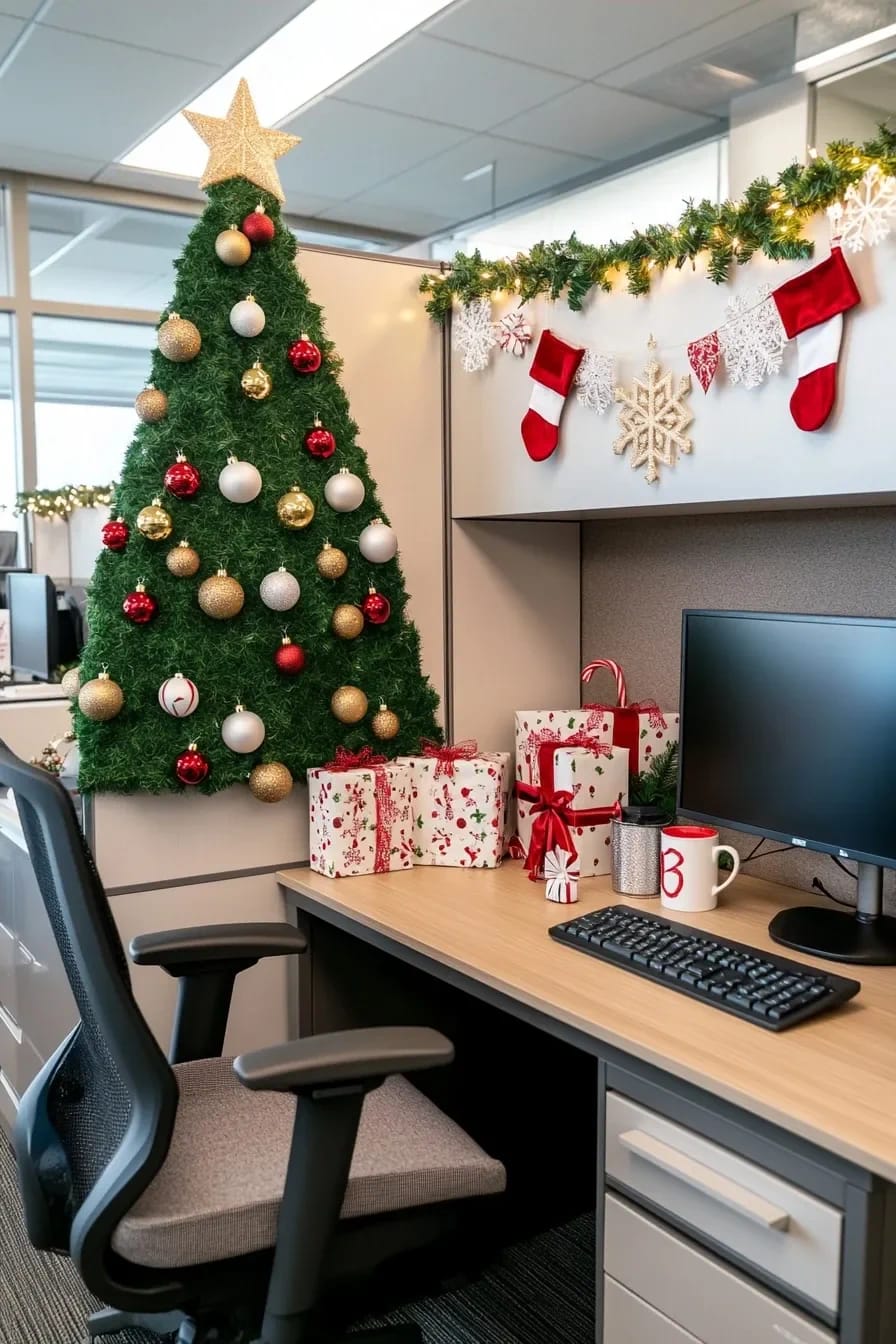 pin a flat tree up the cubicle wall instead of buying a mini desk tree 1