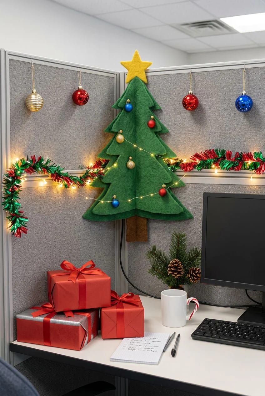 pin a flat tree up the cubicle wall instead of buying a mini desk tree 1