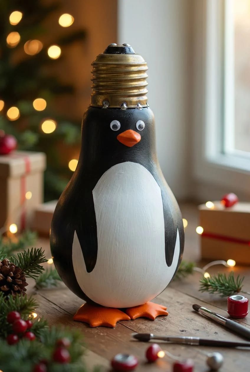Hand-painted black and white penguin decoration made from a pot-bellied flood light bulb, with googly eyes, orange beak and feet, displayed beside paintbrushes and Christmas greenery
