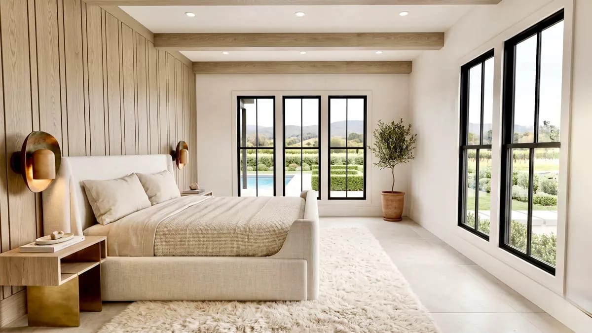 primary suite on the main floor, two beams, pool out the window 1