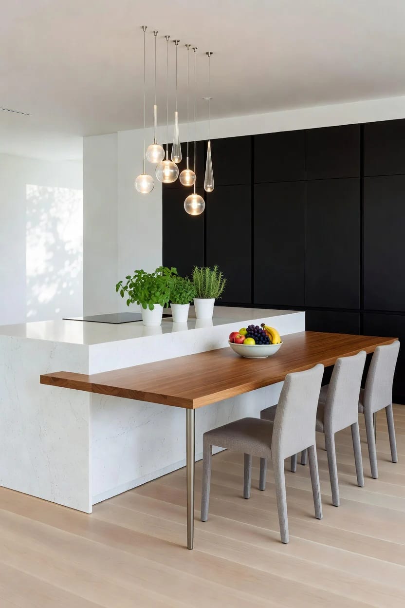 Kitchen Island With Dining Table: 11 Combinations That Actually Get Used 11 Modern kitchen island with a white stone surface and an attached timber dining table, featuring four upholstered chairs, potted herbs, a bowl of fresh fruit, and contemporary pendant lighting, illustrating a stylish kitchen island with dining table setup.