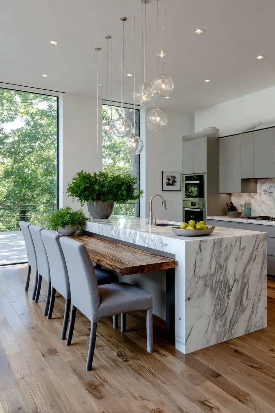 Kitchen Island With Dining Table: 11 Combinations That Actually Get Used 12 Modern kitchen featuring a marble island with a timber dining table extension at one end, surrounded by gray upholstered chairs and decorative plants, illustrating a functional kitchen island with dining table combination.