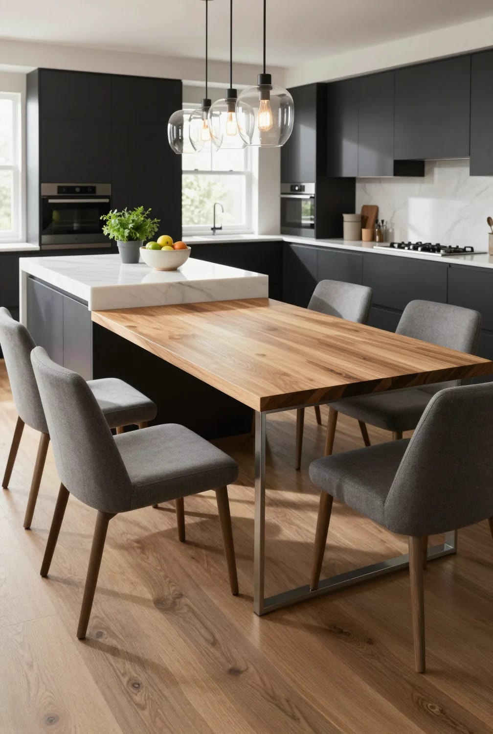 Kitchen Island With Dining Table: 11 Combinations That Actually Get Used 10 Modern kitchen featuring a stone island with a wooden dining table attached at the end, surrounded by gray upholstered chairs, under pendant lighting, illustrating a kitchen island with dining table combination.