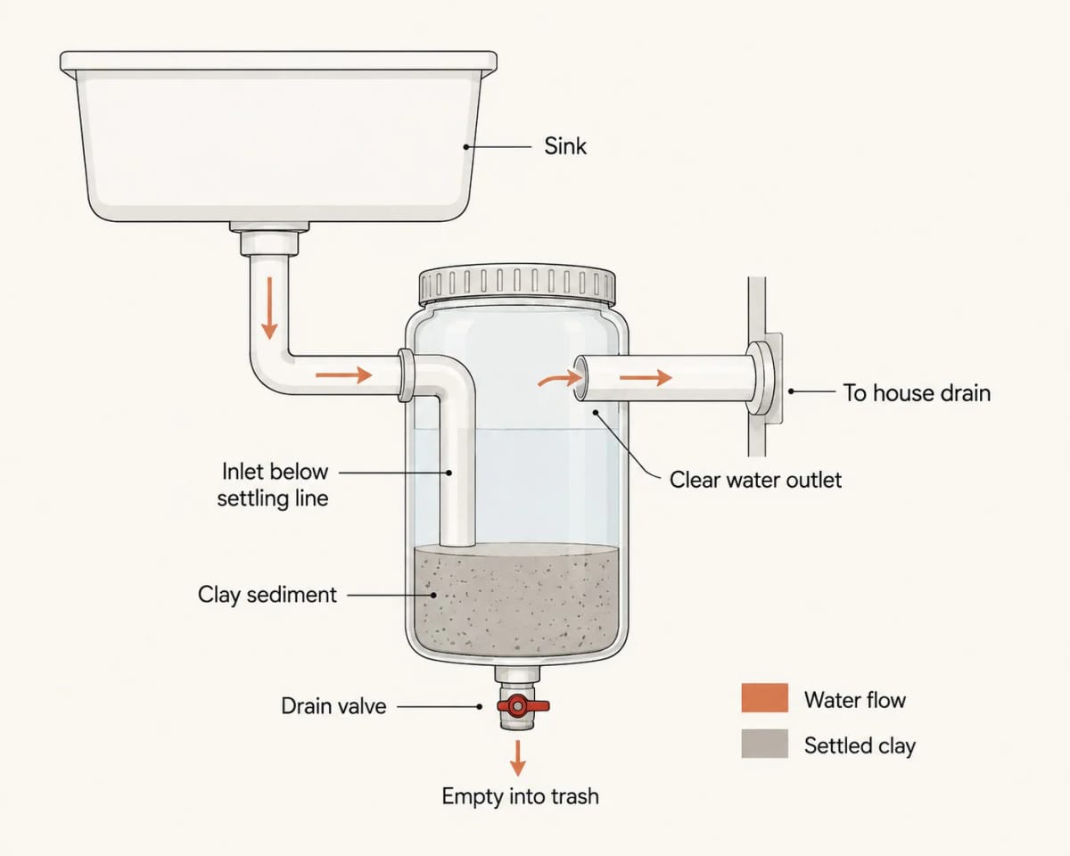 Pottery Studio Ideas That Hold Up Once There's Clay in the Room 5 put a trap under the sink, not a strainer in it 1