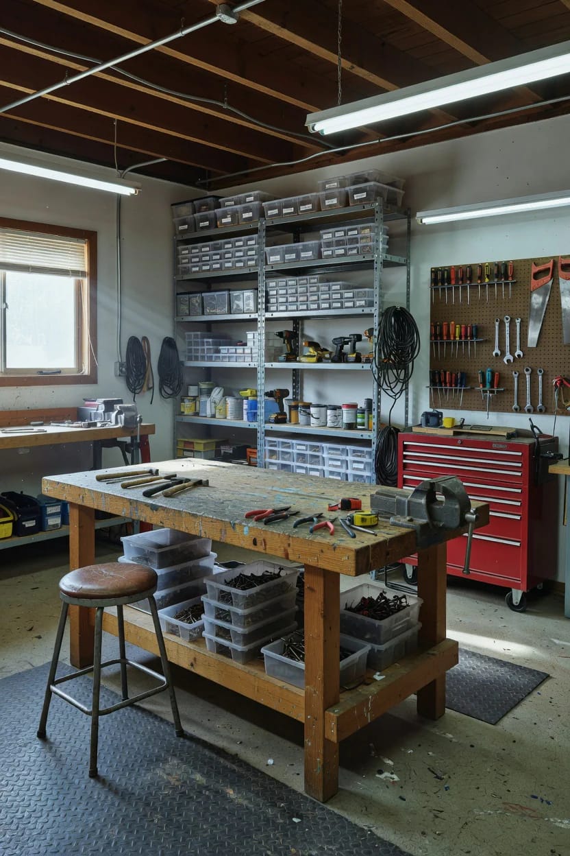 Workshop Studio Ideas for People Who Actually Make Things 2 put the workbench in the middle of the workshop, not against the wall 1