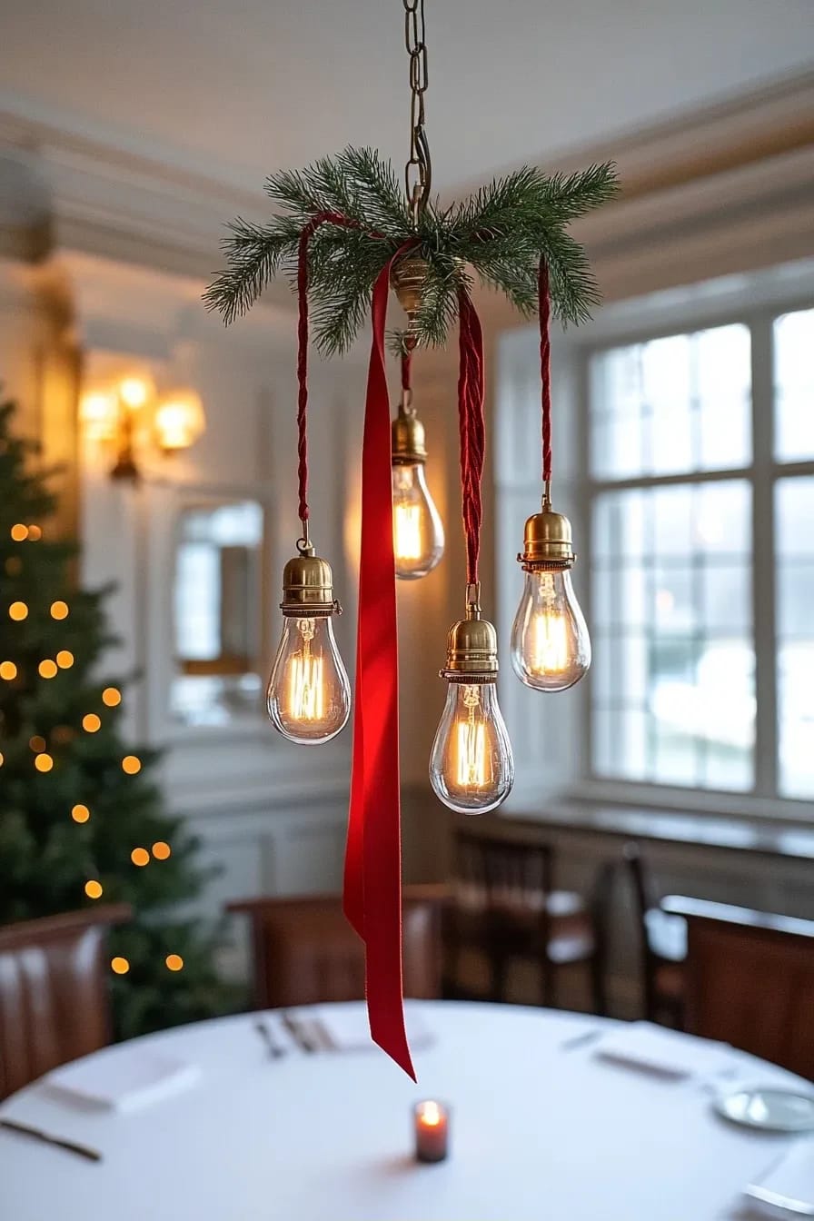 A chandelier decorated with glowing bulbs, pine branches, and red ribbon streamers, illustrating red ribbon Christmas decor beyond the tree in a cozy dining room with a round table and holiday lights in the background.