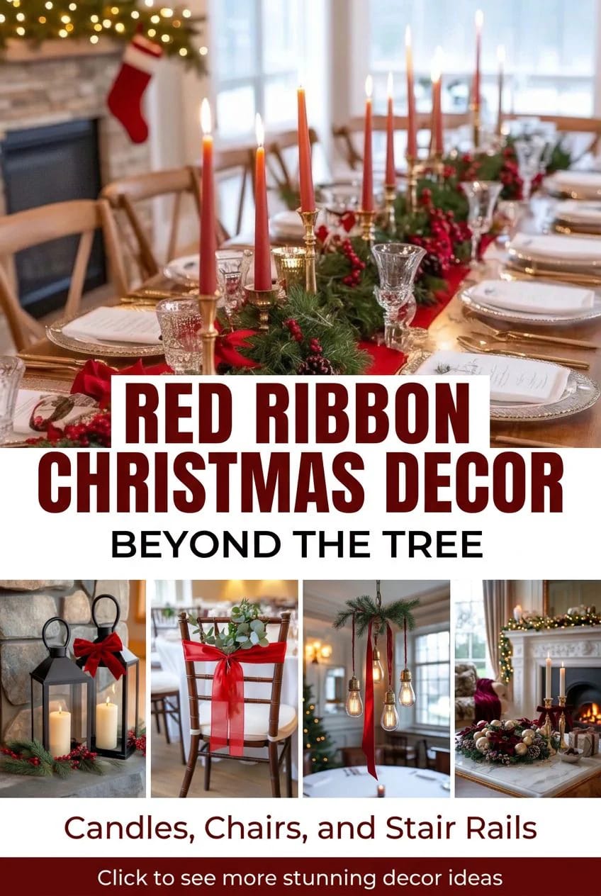 Festive red ribbon Christmas decor including red candles on a holiday dining table, chairs adorned with red ribbons, lanterns with candles and red bows, and stair rails decorated with greenery and red ribbons.