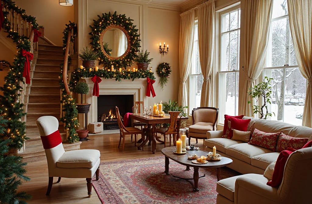 Lovely Harbor 28 Elegant living room decorated for Christmas with red ribbon accents on stair rails, chairs, and candle arrangements, showcasing festive decor beyond the tree with greenery, candles, and a cozy fireplace.