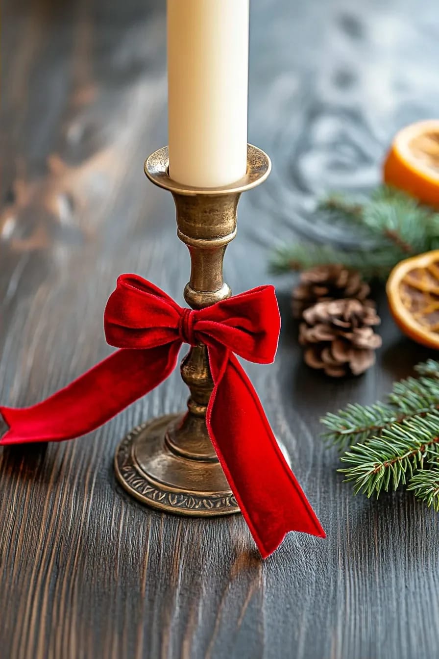 A brass candlestick decorated with a red velvet ribbon tied in a bow for Christmas, with a white candle, pinecones, fir branches, and dried orange slices on a dark wooden table, illustrating red ribbon Christmas decor beyond the tree.
