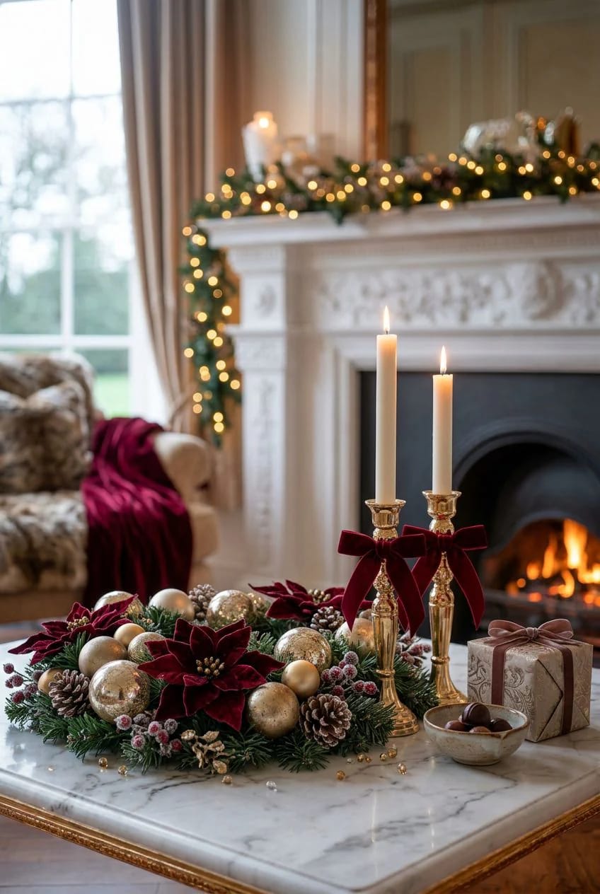 Gold candlesticks with red ribbon bows display lit candles on a marble table, surrounded by a festive Christmas wreath with ornaments and pinecones, a gift box, and a bowl of chocolates, reflecting red ribbon Christmas decor beyond the tree.