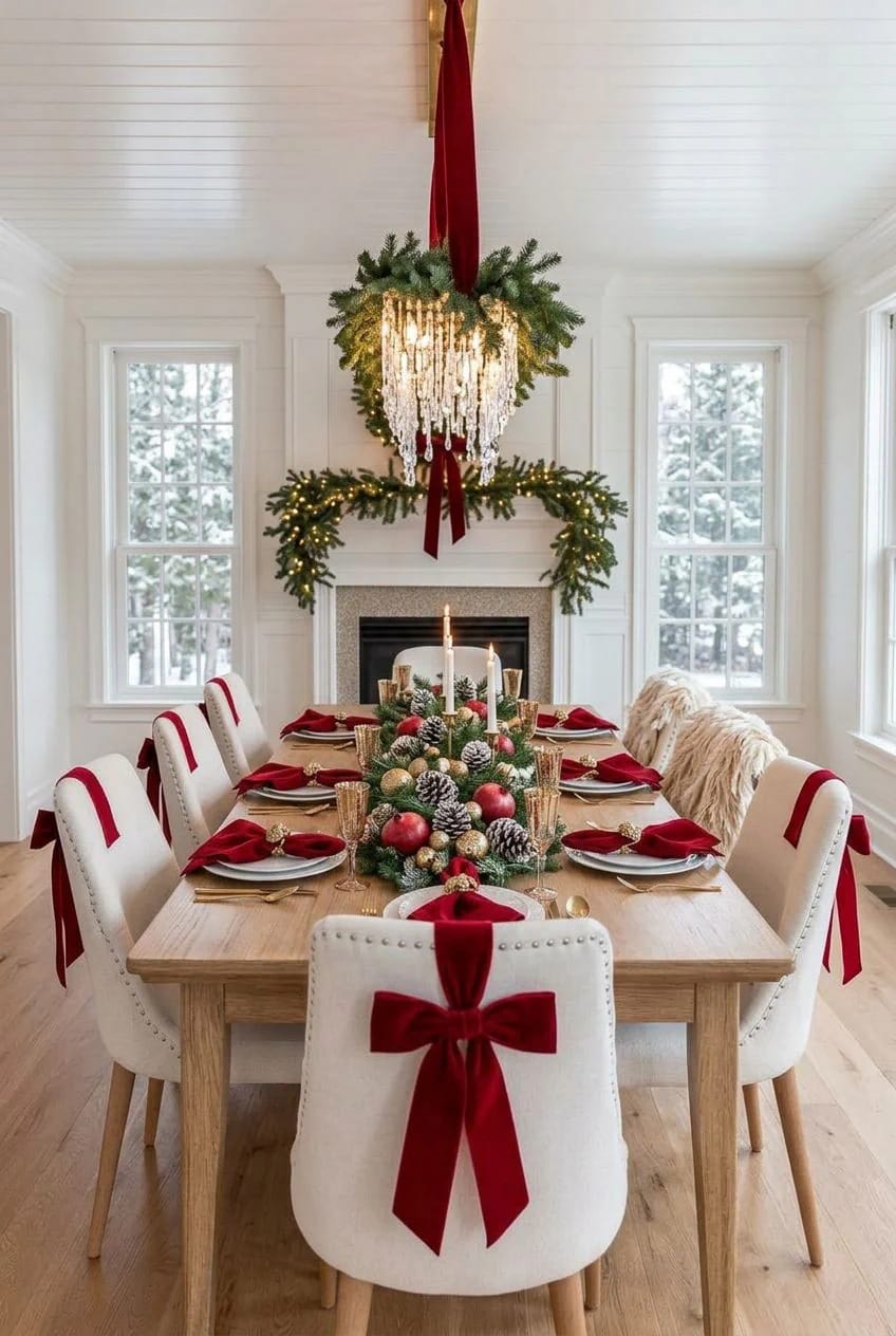 Dining room decorated with red ribbon Christmas decor, featuring white chairs with red bows, a chandelier adorned with greenery and red ribbon streamer, a festive table centerpiece with candles, and a garland with red bow on the fireplace, illustrating holiday decor beyond the tree.