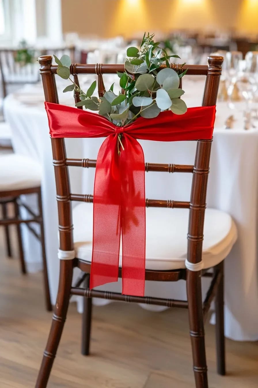 A brown wooden chair decorated with a bright red ribbon bow and green foliage on the backrest, showcasing red ribbon Christmas decor beyond the tree at a dining table setting.