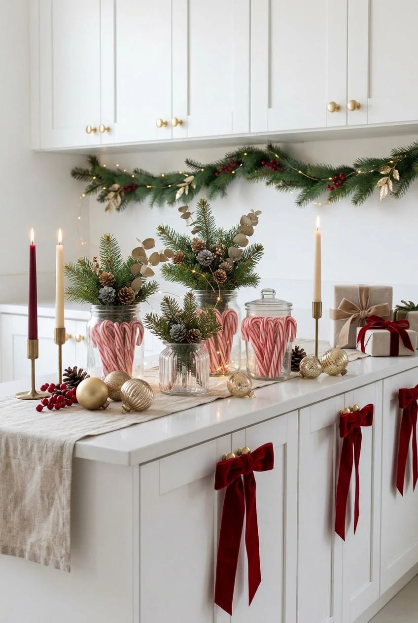 White kitchen cabinets decorated with red velvet bows on the knobs, a countertop display of Christmas greenery in jars with candy canes, gold ornaments, candles, and a festive garland above, illustrating red ribbon Christmas decor beyond the tree.