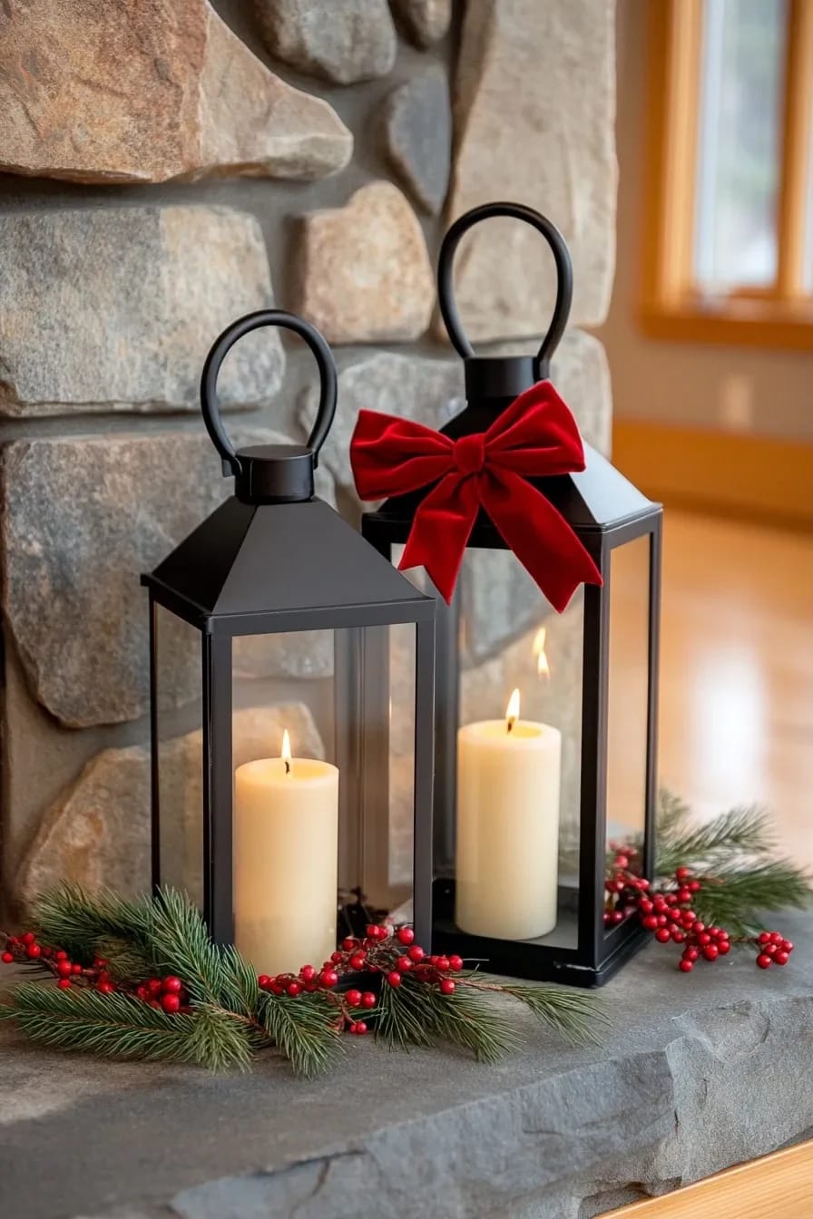 Two black lanterns with candles inside are decorated for Christmas, with one lantern handle adorned by a large red ribbon bow and both surrounded by pine branches and red berries, illustrating red ribbon Christmas decor beyond the tree.