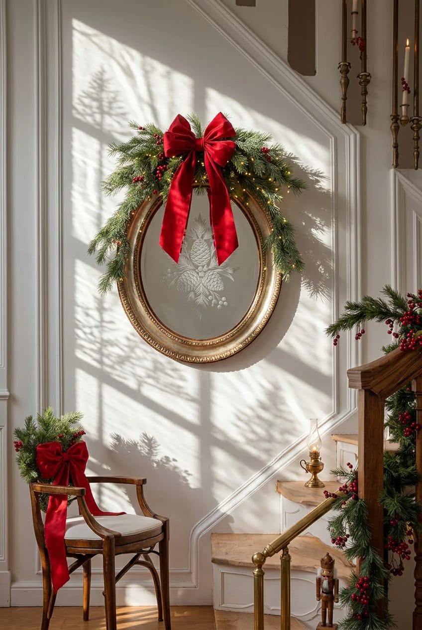 Victorian-inspired red ribbon Christmas decor featuring a gold-framed mirror adorned with greenery and a large red bow, a decorated chair with greenery and a red ribbon, and a stair rail wrapped in garland with red berries.