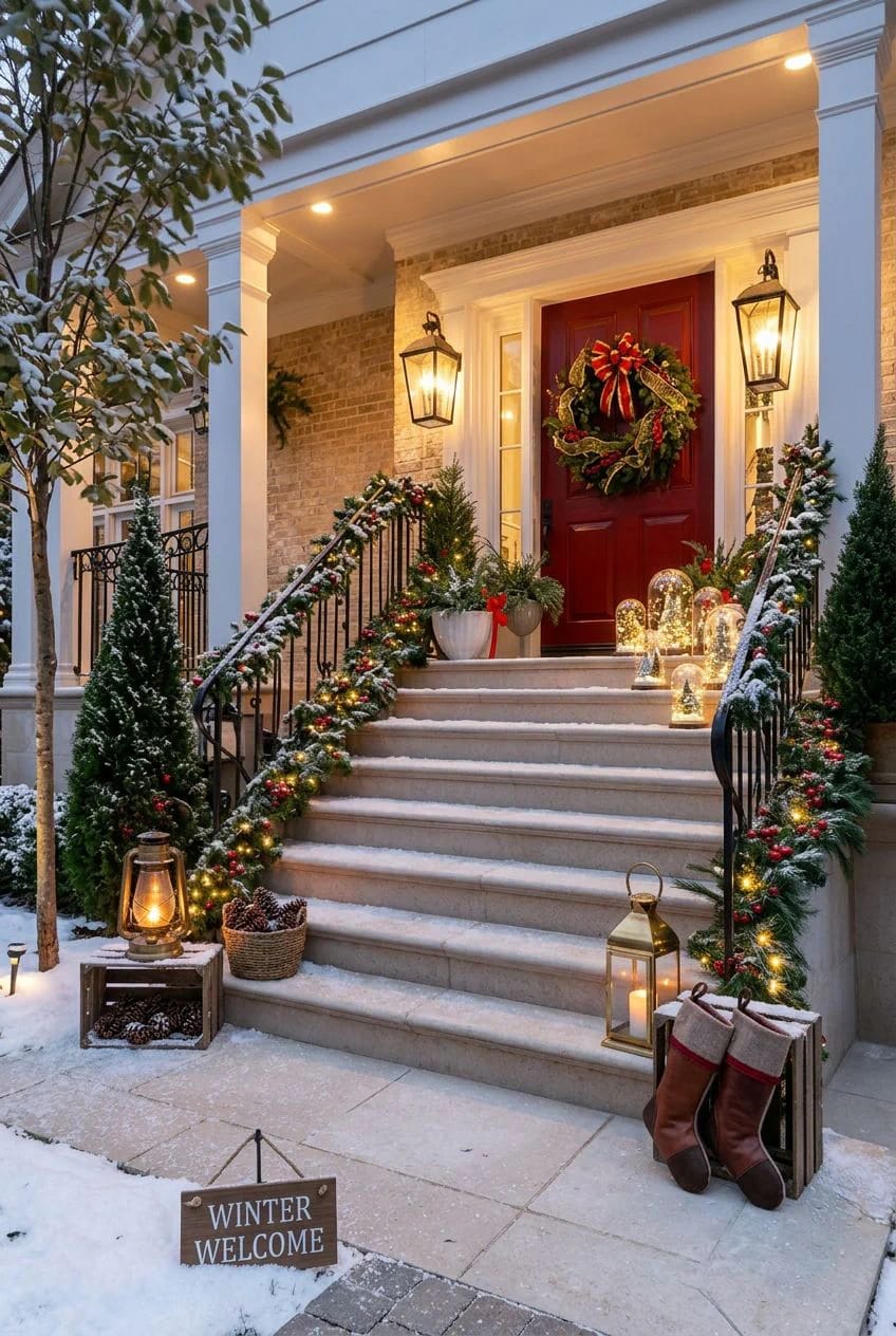 Front porch decorated for Christmas with a red ribbon wreath on the door, outdoor stair rails wrapped in greenery and red ribbon garlands, illuminated lanterns, potted plants, and snow, illustrating red ribbon Christmas decor beyond the tree.