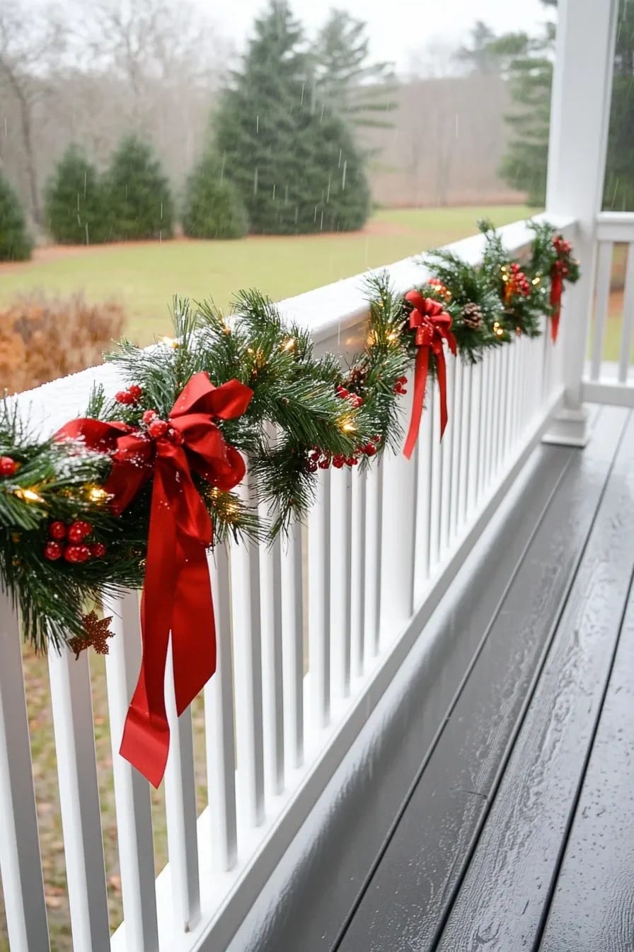 Outdoor stair rail decorated for Christmas with garland, red polypropylene ribbon bows, pinecones, berries, and warm white lights, illustrating festive red ribbon Christmas decor beyond the tree.