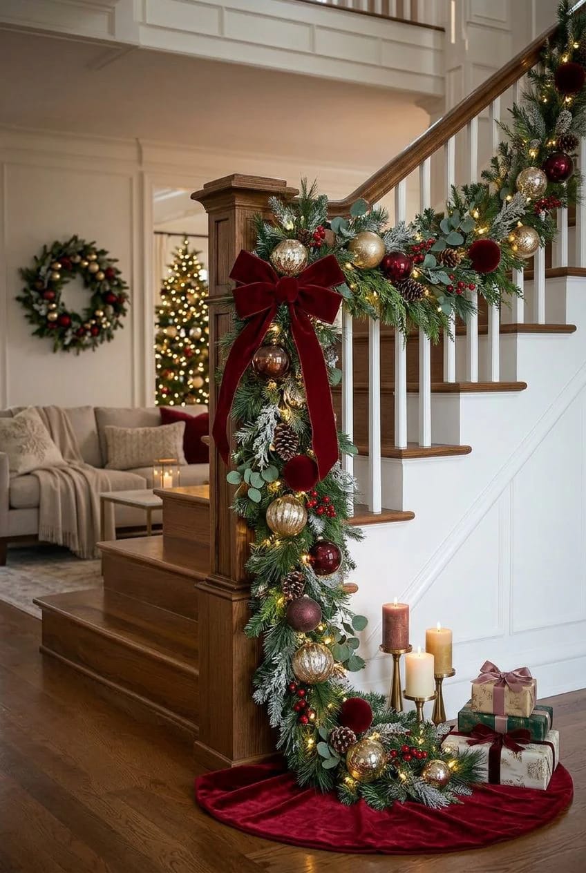 Festive staircase decorated with a garland of greenery, red and gold ornaments, pinecones, and an oversized red ribbon bow on the newel post, with candles and wrapped gifts at the base, illustrating red ribbon Christmas decor beyond the tree.