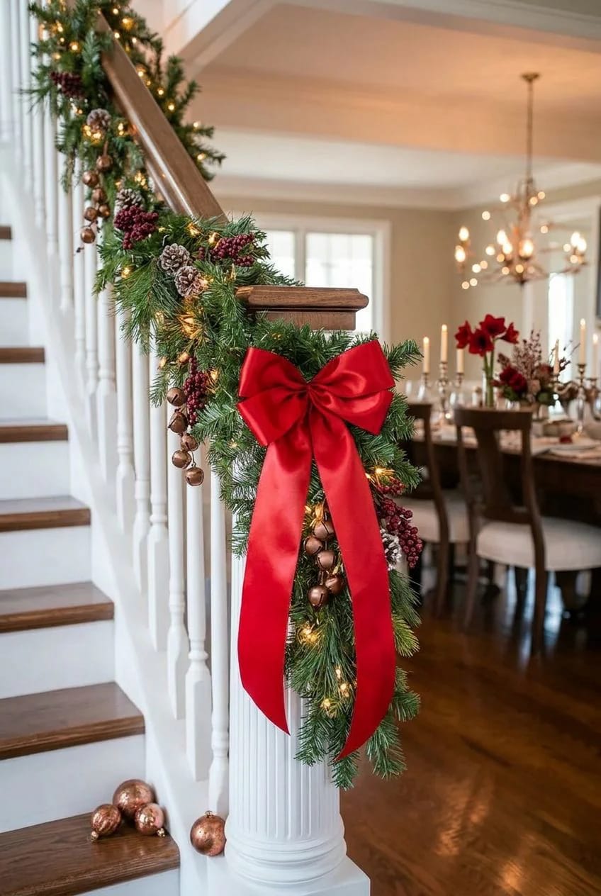 A staircase newel post decorated for Christmas with an oversized red ribbon bow, green garland, pinecones, berries, and string lights, illustrating red ribbon Christmas decor beyond the tree.