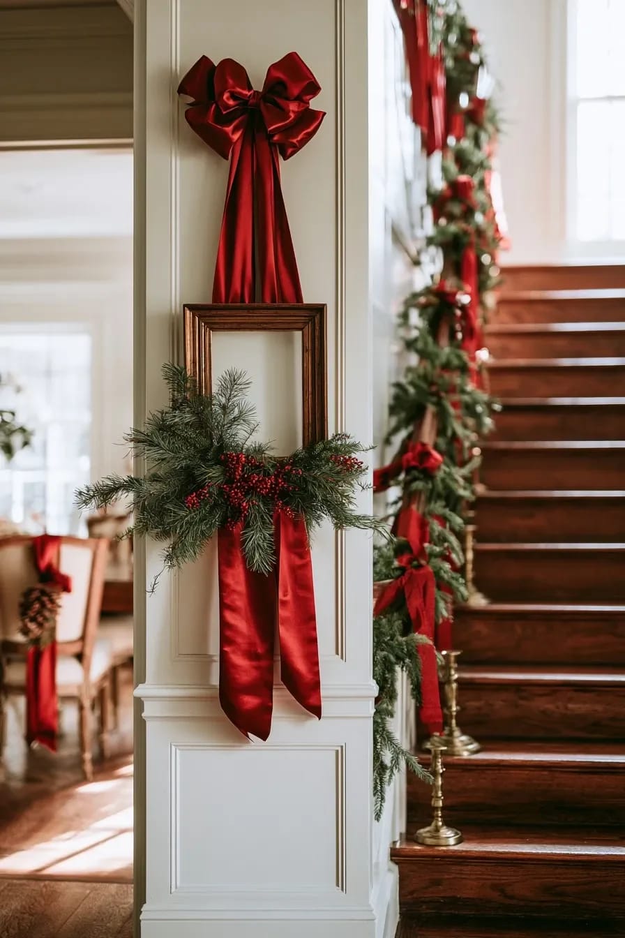 Victorian-inspired red ribbon Christmas decor featuring a picture frame hung with a long red ribbon, greenery, and berries on a wall, with matching red ribbon garlands and greenery along the stair railing in a festive home setting.