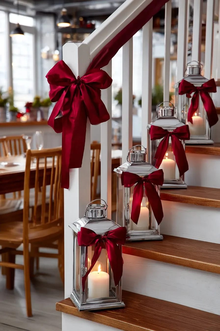 Staircase decorated with red ribbon Christmas bows on the railing and silver lanterns with candles, each lantern adorned with a red ribbon bow, illustrating festive decor ideas beyond the Christmas tree.