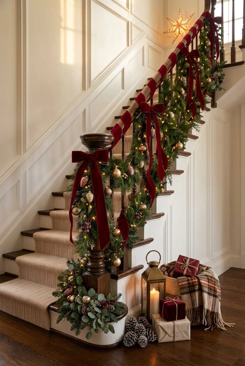 A staircase decorated for Christmas with a spiral of red ribbon and garland wrapped down the stair rail, accented by gold ornaments and bows, with candles, pinecones, wrapped gifts, and a plaid blanket arranged at the base, illustrating red ribbon Christmas decor beyond the tree.