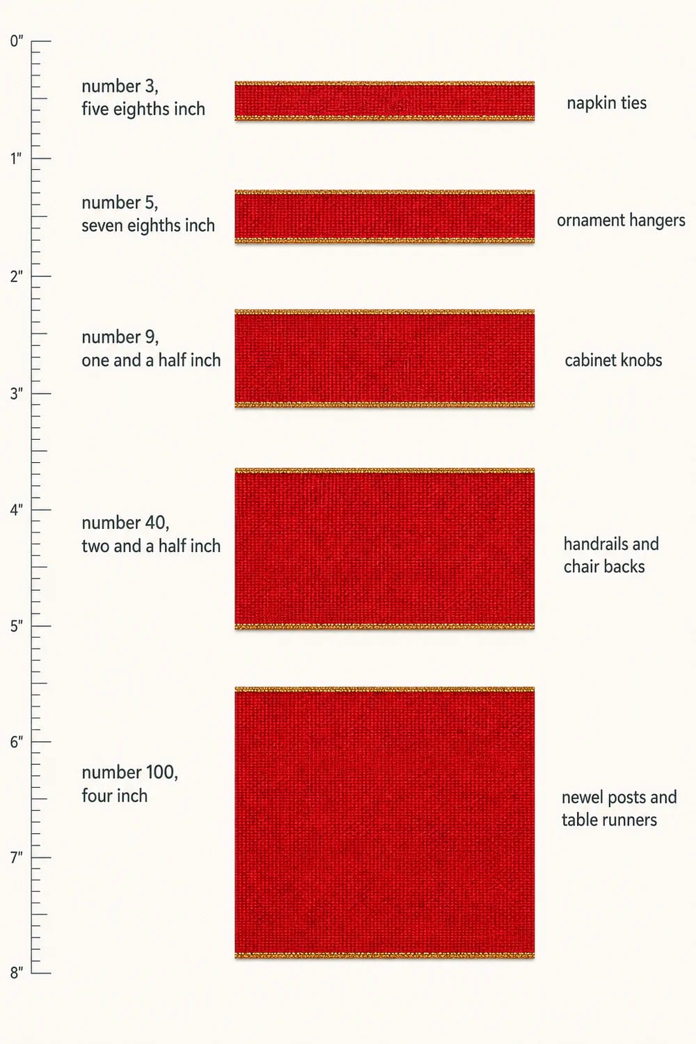 Chart showing different widths of red ribbon for Christmas decor, labeled with suggested uses such as napkin ties, ornament hangers, cabinet knobs, handrails, chair backs, newel posts, and table runners, highlighting wired #40 ribbon for handrails.