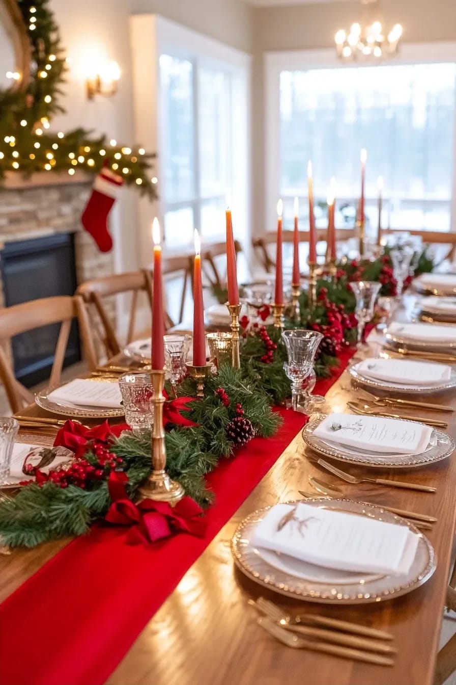 A dining table decorated for Christmas with a flat red ribbon running down the center, topped with gold candlesticks holding red candles, greenery, pinecones, and red berries, set with plates, menus, and gold cutlery to highlight red ribbon Christmas decor beyond the tree.
