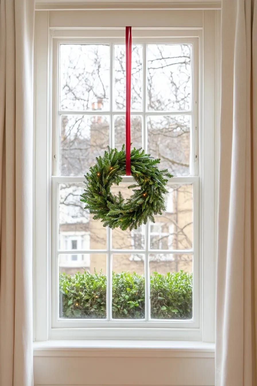 A Christmas wreath hanging in a window on a long red ribbon, demonstrating festive red ribbon Christmas decor beyond the tree with natural light and greenery visible outside.