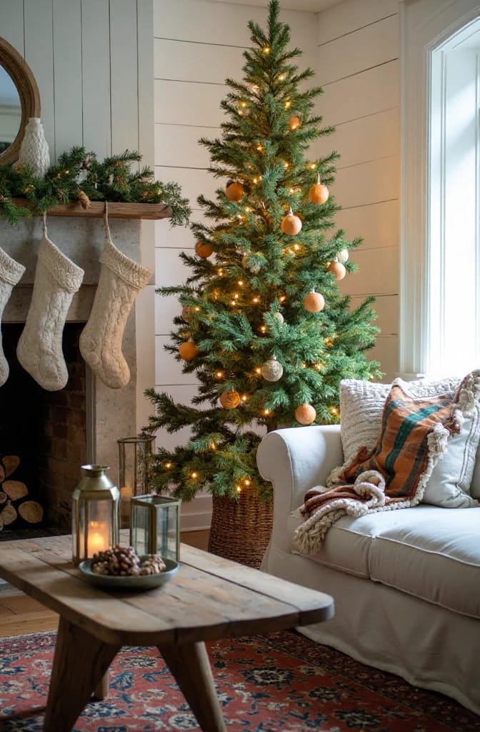 Small Apartment Christmas Tree Ideas for a Slim or Tabletop Tree That Doesn't Look Like a Compromise 14 retire the tree skirt: a basket reads cleaner in a small room 1