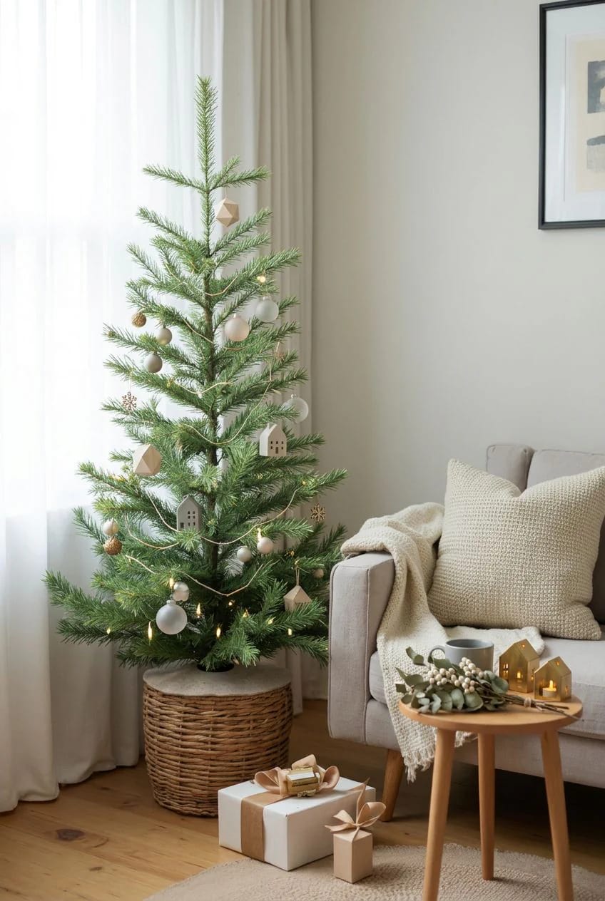 Small Apartment Christmas Tree Ideas for a Slim or Tabletop Tree That Doesn't Look Like a Compromise 15 retire the tree skirt: a basket reads cleaner in a small room 1