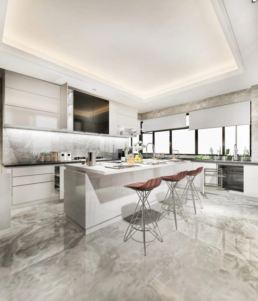 Modern kitchen featuring a full-height stone slab backsplash, sleek white cabinetry, central island with three wooden bar stools, and large windows allowing natural light, illustrating an elegant kitchen idea that remains timeless.