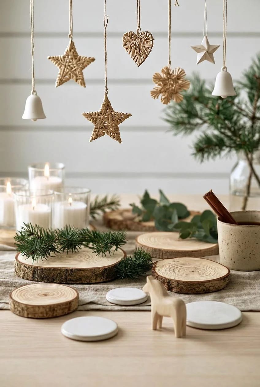 Scandinavian Christmas Decor With Pale Wood and Straw Ornaments That Reads Nordic, Not Rustic 5 sand the wood slices, then leave them alone 1